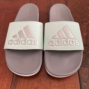 adidas teal and silver slides